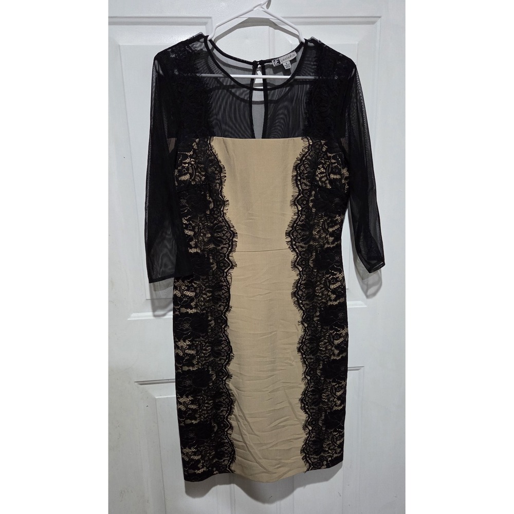 Leslie Fay Black & Tan Sheath Dress Women Sz 8 W/ Black Lace Panels 3/4 Sleeves
